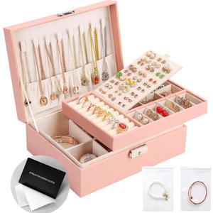 Jewelry Organizer Box, Leather Jewelry Box for Girls Gift Earring Organizer with Lock Double Layers Jewelry Case Removable Tray for Necklace Earring Ring with Polishing Cloth and Jewelry Bags (Pink)