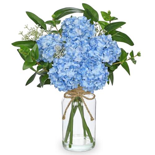 Hollyone Blue Hydrangea Artificial Flowers in Clear Glass Vase with Faux Water Silk Hydrangeas Fake Flowers Floral Arrangement for Home Bathroom Kitchen Office Table Centerpiece Shelf Decorations