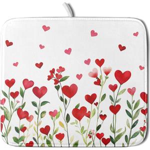 Valentines Day Dish Drying Mat for Kitchen Counter 18x16 Inch Green Red Heart Drying Mat with Absorbent Reversible Microfiber Holiday Love Dish Drainer Mats Rack Pad for Coffee Countertop Protector