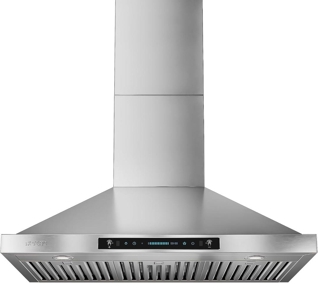 IKTCH 36-inch Wall Mount Range Hood 900 CFM Ducted/Ductless Convertible, Kitchen Chimney Vent Stainless Steel with Gesture Sensing & Touch Control Switch Panel, 2 Pcs Adjustable Lights(IKP02-36'')