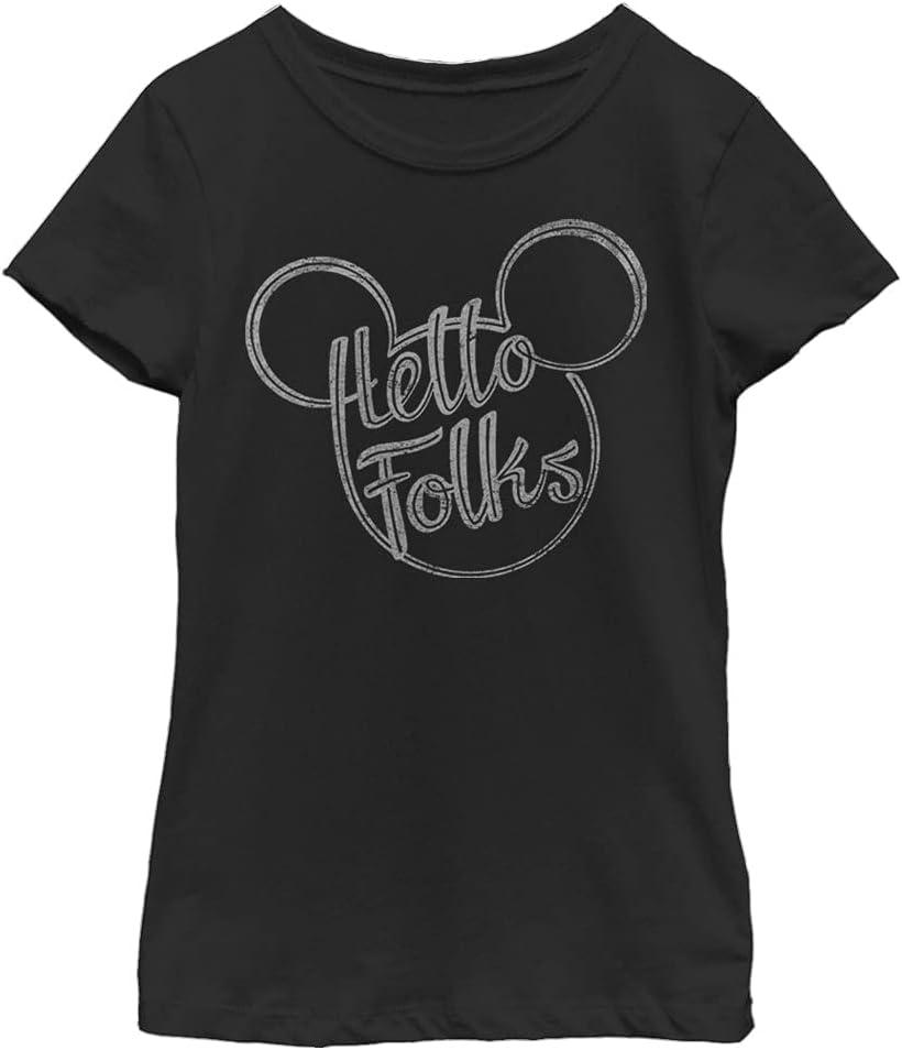 Disney Characters Hello Folks Girl's Solid Crew Tee (Large, Black) Disney Characters Hello Folks Girl's Solid Crew Tee (Large, Black)