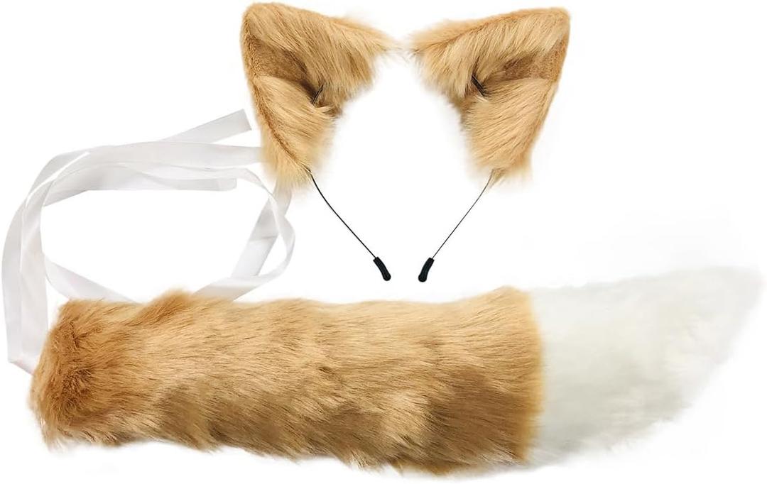 Handmade Fox Wolf Ears Headband and Faux Fur Tail for Halloween Party Costume Accessories (Khaki)
