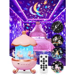 Carousel Night Light for Kids, 15 Music+15 Films+315 Colors Star Projector for Kids Night Light Projector, 360+Remote+1200mah Unicorn Toys for Girls Room Decor, Baby Learning Toys Easter Gifts Bunny