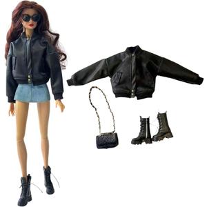 Black Fashion Doll Outfit Set, Bomber Jacket with Combat Boots and Chain Bag, for 11.5-12 inch Dolls, 1/6 BJD Action Figures