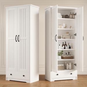 Decofy 70" Tall Storage Cabinets, Large Wood Storage Pantry Cabinet with 6 Adjustable Shelves, Drawer & 2 Striped Doors, Standing Utility Cabinet for Kitchen, Dining Room, Bathroom (White)