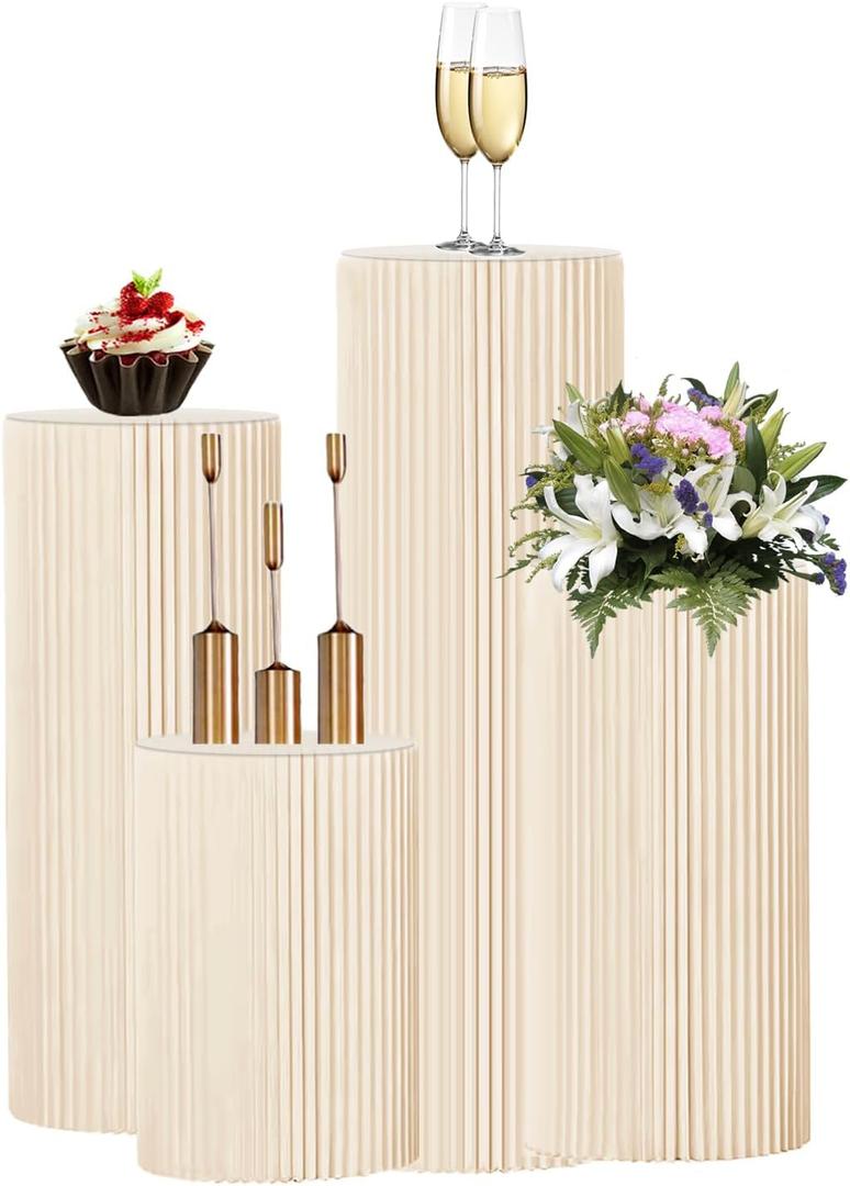 4Pack Cylinder Pedestal Stand, Round Display Cupcake Dessert Table with Clear Acrylic Plate, Foldable Showcase Platform Column for Wedding Banquet Decorative (Beige)