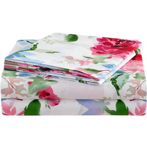 JSD Watercolor Rose Floral Sheet Set Full Size, 4 Piece Soft Printed Microfiber Sheets Extra Deep Pocket