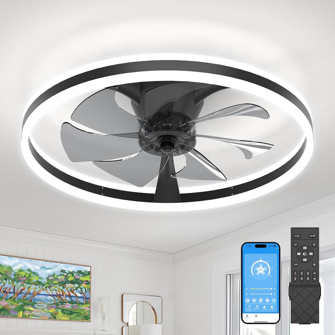 Ceiling Fans with Lights,23.7" Flush Mount Ceiling Fan with Light and Remote,Reversible,3 CCT,6 speeds,Dimmable,Noiseless,Low Profile Black Ceiling Fan for Bedroom, Kitchen,Living Room