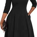 Nmoder Midi Dresses for Women A-Line Fit and Flare Casual Dress 3/4 Sleeve V Neck Cocktail Wedding Guest Work Dress with Pockets Black, M