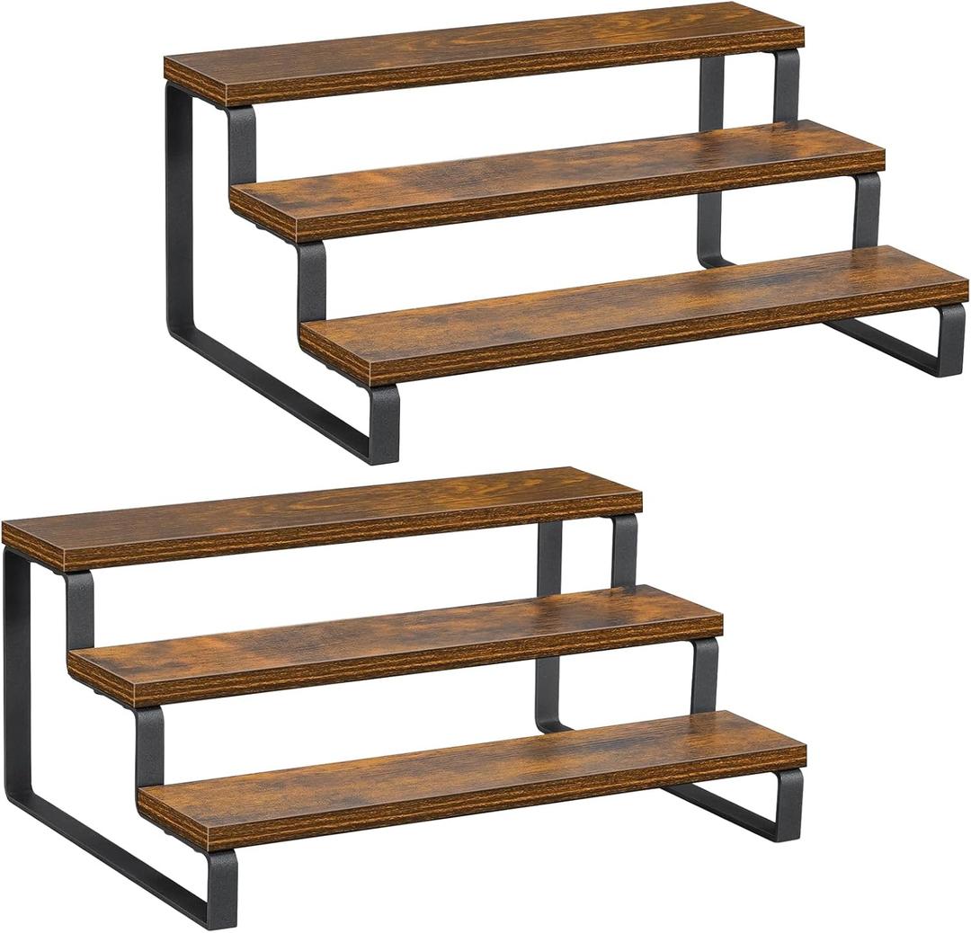 Giikin 3-Tier Spice Rack, 13.8 Inch Wood Countertop Spice Storage Holder, Kitchen Pantry Cabinet Organizer Cupboard for Spice Bottles, Jars, Seasonings, Baking Supplies, Metal Frame(Set of 2) (3 Tier 2 Pack, Rustic Brown, 3 Tier, 2 Pack)
