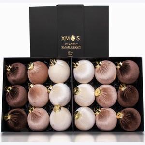 18PCS Velvet Christmas Ornaments  Large Matte Flocked Shatterproof Baubles for Xmas Tree Decoration, Neutral Hanging Ornaments for Holiday Home Dcor (Dark Light Brown, Cream White, 3 Inch / 8 cm)