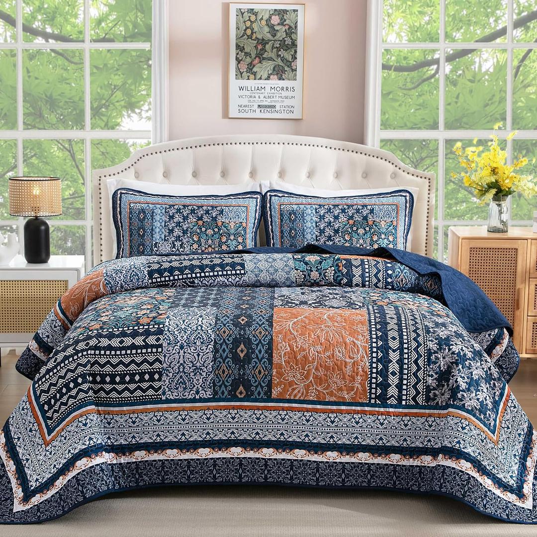 WONGS BEDDING Navy Blue Quilt Set King Size,Bohemian Patchwork Bedspread Coverlet Set, Reversible Farmhouse Floral Pattern Bedspreads Bedding Set for All Seasons (104"x90")