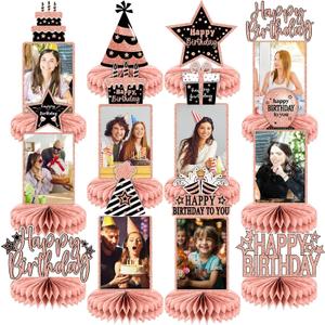 ZOiiWA 12PCS Rose Gold Birthday Decorations for Women Girls Happy Birthday Photo Honeycomb Centerpiece Black Rose Gold Photo Table Centerpiece Party Supplies 16th 30th 40th 50th 60th Bday Table Topper