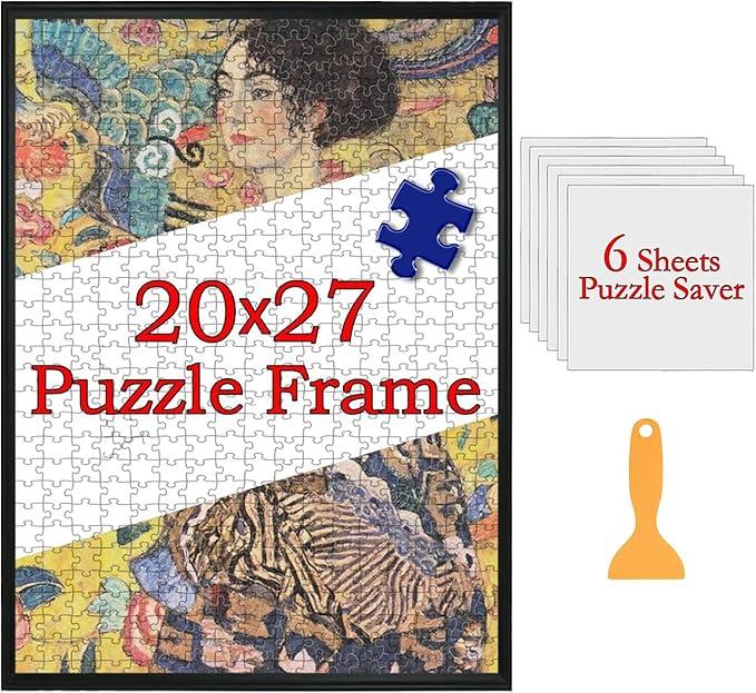 Premium 20x27 Puzzle Frame for Finished Puzzles, Aluminium Alloy Puzzle Frame Kit with Protective Cover, Horizontal & Vertical Display, Includes 6 Puzzle Saver Sheets(Black,1 Pack)