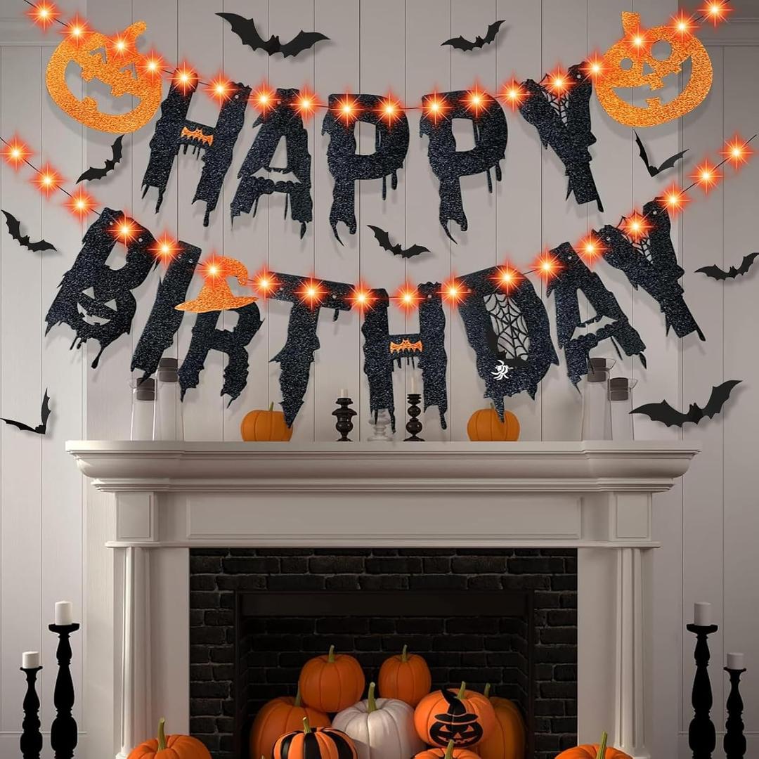 Roberly Halloween Birthday Party Decorations, Halloween Birthday Banner with Lights Include Pumpkin Signs Bat Stickers Supplies for Horror Home Party Fireplace Decorations