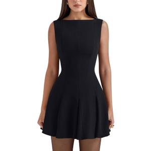 YMDUCH Women's Summer Sleeveless Boat Neck A-line Flared Hem Club Party Mini Dress, Small