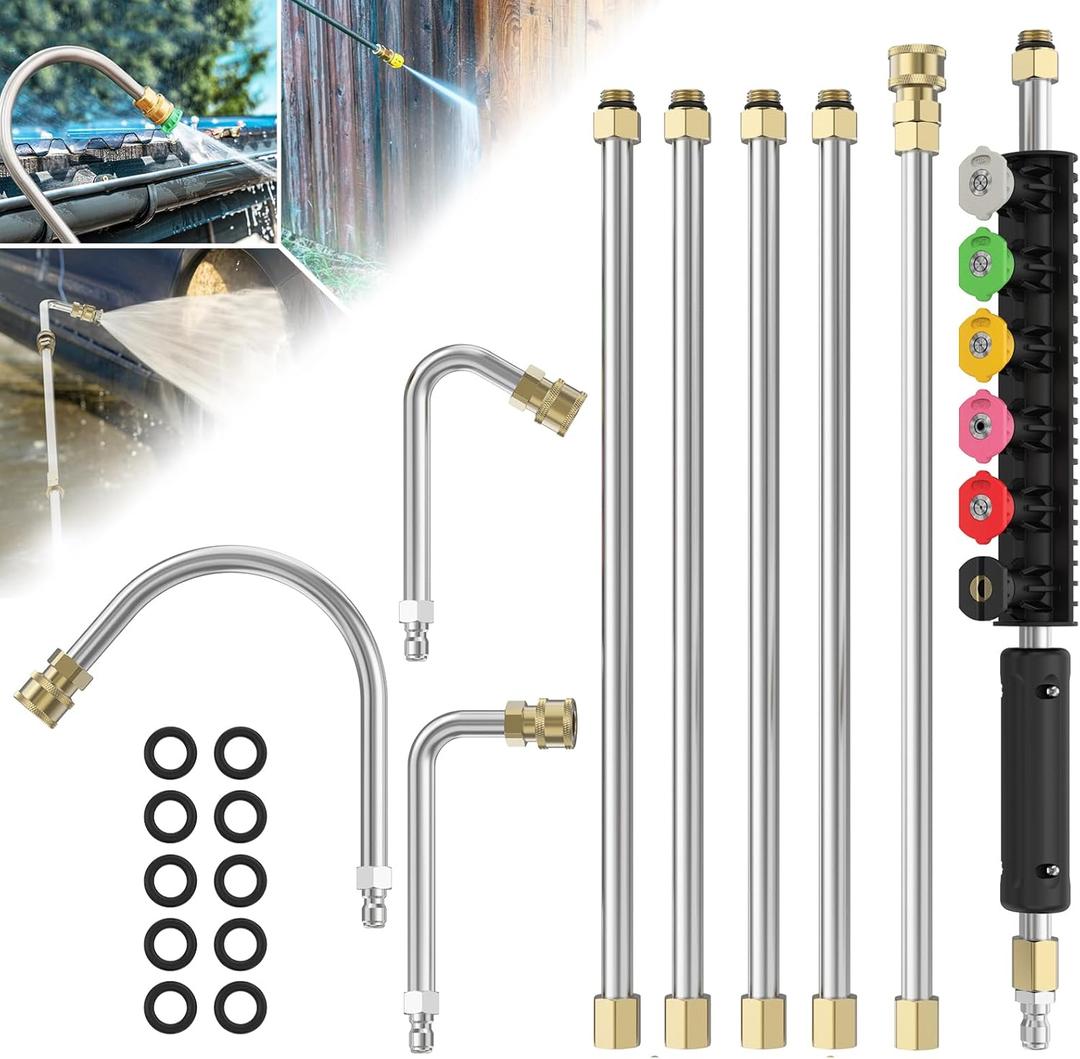 Sealegend Pressure Washer Extension Wand with 6 Spray Nozzle Tips for Gutter Cleaning up to 9FT, Upgrade Power Washer Lance with 30, 90, U-shaped Curved Rod, 1/4" Quick Connect, 4000 PSI
