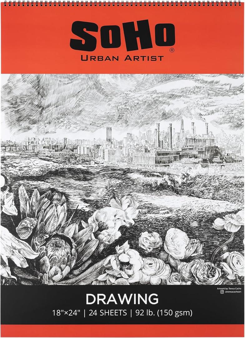 SoHo Urban Artist Softcover Drawing Pad - 18"x24" - 92 lb. (150gsm), Mixed Media Sketchbook, 24 Dual-Sided Sheets, Acid-Free, Wire-Bound, Micro-Perforated, Repeated Erasing & Reworking