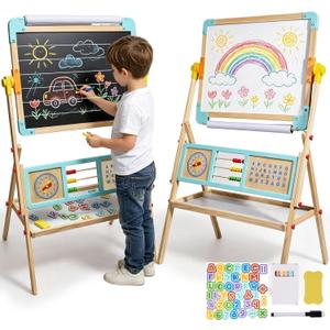 Wooden Easel for Kids with Paper Roll - Magnetic Double Sided Drawing Board Whiteboard & Chalkboard Dry Easel Board Children Art Easel for 3~12 Years Kids (Blue), 67 x 45 x 106 cm