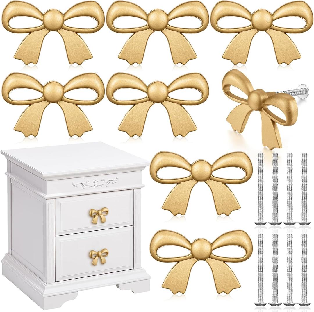 8 Pcs Gold Bow Drawer Knobs Matel Bow Knobs for Dresser Vintage Dresser Handles Pulls Decorative Drawer Handles for Home Bedroom Kitchen Cabinets Hardware Cupboard (2.8 x 1.7 Inch)