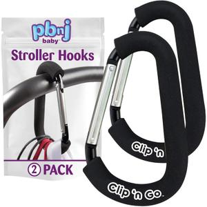 PBnJ Baby Stroller Hooks, 6.6" Extra Large Carabiner Clip, 2 Pack Heavy Duty Stroller Clips for Hanging Bags, Patented Foam Handle Mommy Hook, Stroller Accessories for Shopping Purse Grocery Bag