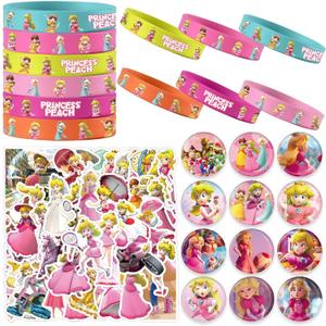 Princess Peach Birthday Party Supplies, Princess Peach Party Favors Include 12 Bracelets, 12 Button Pins, 50 Stickers, Princess Peach Theme Party Favors