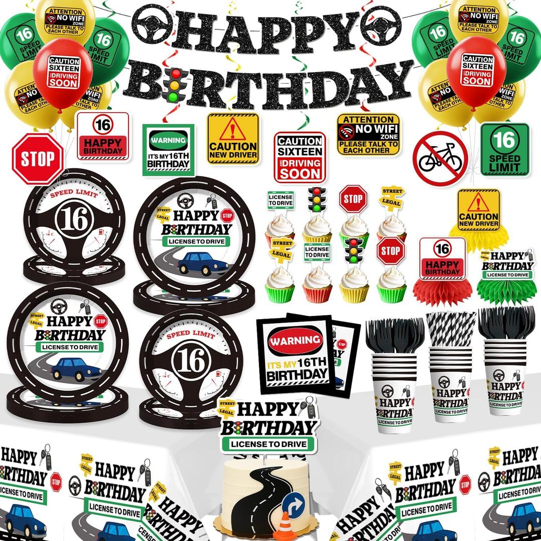 16th Birthday Decorations for Boys, Driver's License Party Banner Plates and Napkins Set Serve 20 Guests License to Drive Tablecloth Decorations Car Theme Drivers License 16 Birthday Decorations Boy