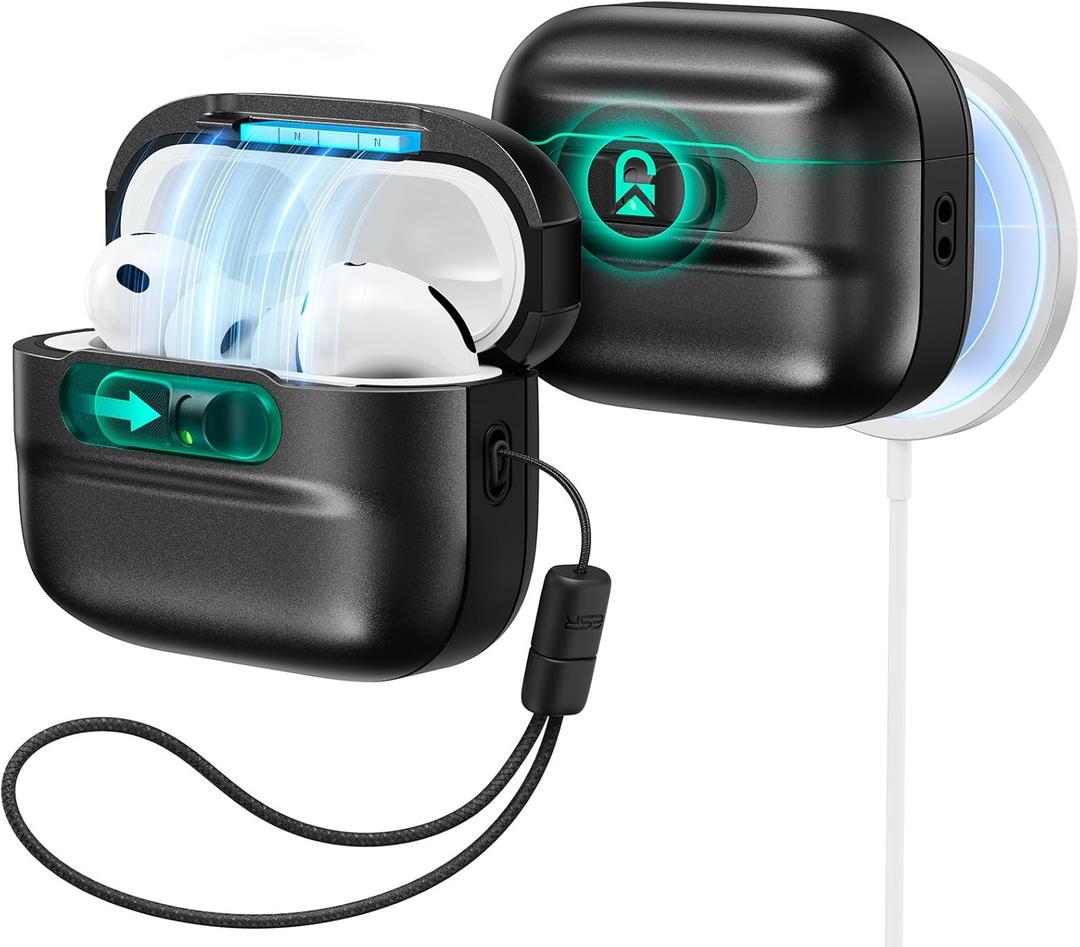 ESR for AirPods Pro 3 Case (2025), Compatible with AirPods Pro 3 (USB-C Cable), MagSafe Ready, Magnetic Lid Lock, Full Drop Protection Cover with Lanyard, Black