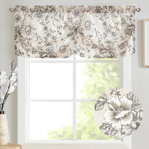 jinchan Linen Pleated Valance Farmhouse Floral Printed Valance for Windows 20 Inch Rustic Scallop Look Decorative Window Topper for Kitchen Living Room Bathroom Light Filtering 1 Panel Black on Beige