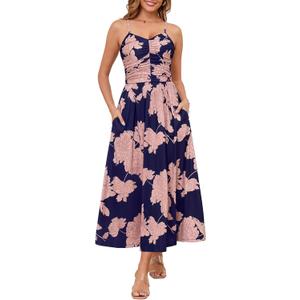Annebouti Spring Summer Maxi Dress for Women 2025 Casual Trendy Open Back Ruched A-Line Sleeveless Spaghetti Strap Floral Beach Long Sundresses with Pockets Navy Pink, XS