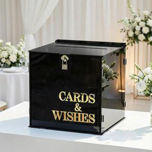 OurWarm Acrylic Wedding Card Box with Lock, Black Card Box for Wedding with Cards & Wishes Lettering, Large Envelope Money Gift Card Box for Party Graduation Birthday Baby Shower Wedding Decor