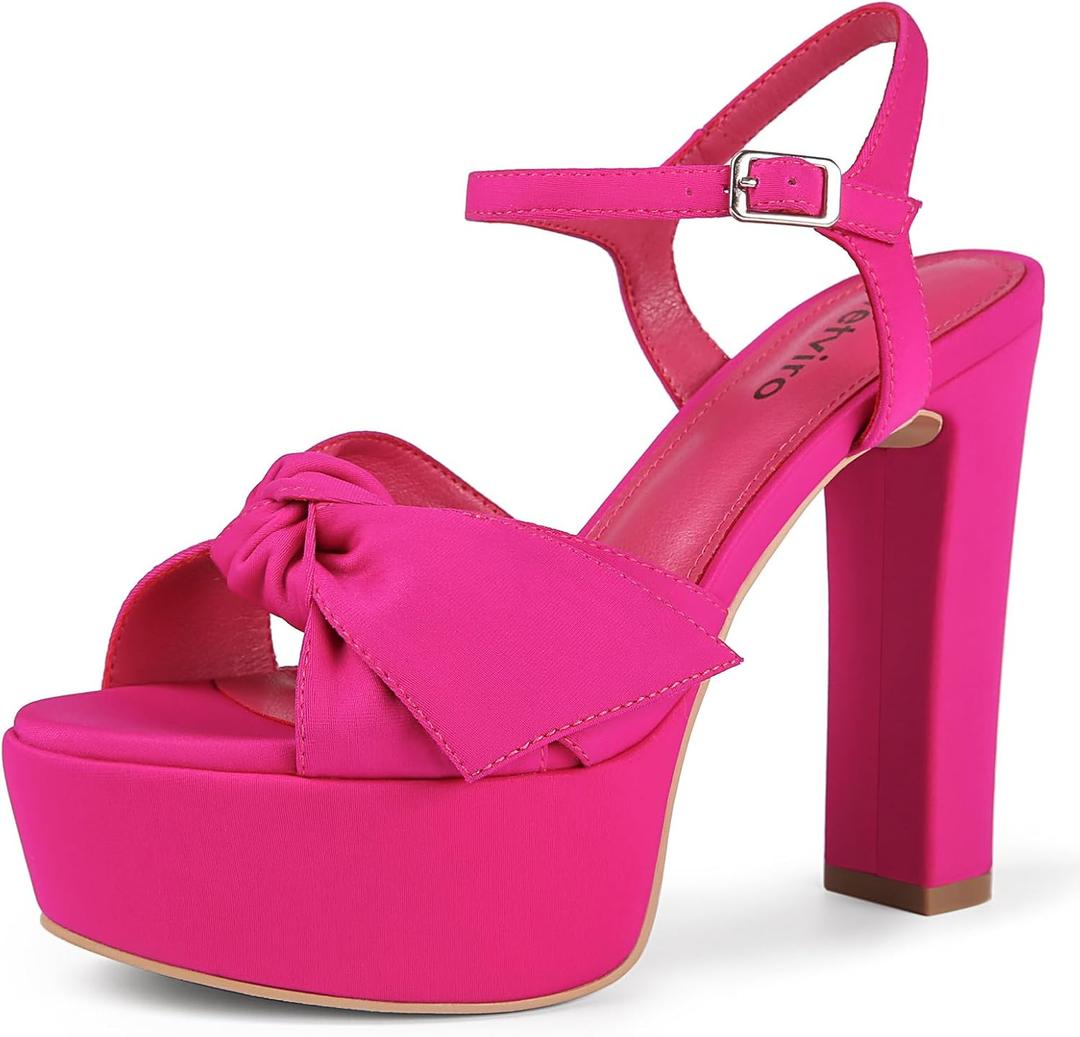 Black Platform Heel Sandals for Women 5.1 Inch Chunky Block High Heel Womens Open Toe with Bow Ankle Strap Wedding Party Dress Sandals (Hot Pink) 7.5