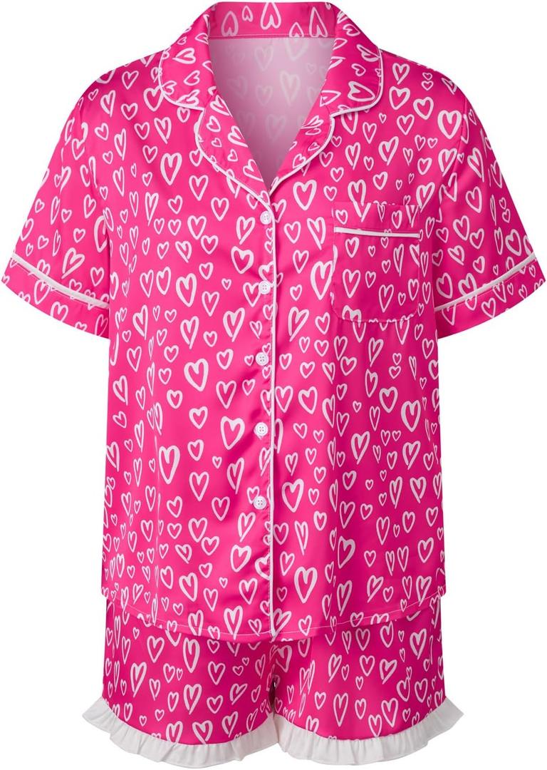 Women 2 Pieces Heart Floral Bow Pajama Sets Button-Down Short Sleeve Shirt Ruffle Short Sleepwear (L)