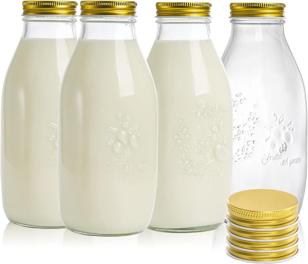 ZOOFOX 4 Pack 32 oz Glass Milk Bottle with Lids, Vintage Milk Container for Refrigerator, Glass Juice Bottles, Reusable Dairy Drinking Containers for Almond Milk, Yogurt, Smoothies, Maple Syrup, Jam