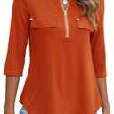 Halife Women's 3/4 Length Sleeve V Neck Flowy Tunic Blouses Work Tops Shirts with Zippers, Size Small