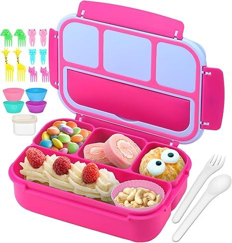QQKO Bento Lunch Box for Kids Girls Boys, Toddler Kids Lunch Boxes for School, Lunch Containers for Adults with 4 Compartments, Sauce Container, Utensils, Food Picks and Muffin Cups, Pink