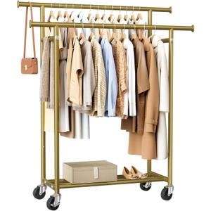 HYSEYY Clothes Rack, Double Rods Rolling Clothing Rack for Hanging Clothes, Portable Garment Rack with Wheels, Coat Rack Wardrobe Closet Load 240 LBS for Bedroom Laundry Room (Gold, L)