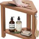 15" Shower Foot Rest with Side Hook, HDPE Waterproof Corner Shower Stool for Shaving Legs, Anti-Slip Shower Bench with Storage Shelf for Inside Shower, Space-Saving Shower Seat for Small Showers, Teak