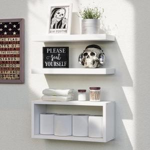 RICHER HOUSE Floating Shelves Set of 3, Modern Bathroom Shelves Wall Mounted Shelves with Invisible Brackets Over Toilet, White Wall Shelves for Bathroom Bedroom, Living Room, Kitchen - White (2+1)