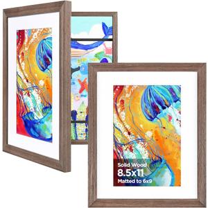 KINLINK 8.5x11 Kids Art Frame 2 Pack, Solid Wood Artwork Frames Changeable, Front Opening Hold 150 Pictures, Art Frames for Kids Artwork, 6x9 with Mat 8.5x11 without Mat, Picture Frames Brown Wood