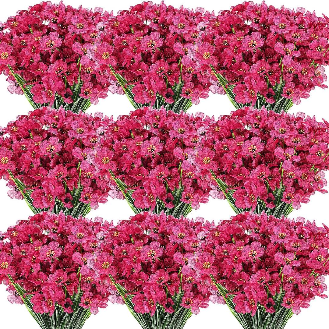 Lyrow 100 Bundles Violet Artificial Flowers, UV Resistant Faux Flowers Outdoor, Faux Silk Flowers, Fake Violet Flowers Bulk for Front Porch Hanging Garden Courtyard Farmhouse Home(Rosy)