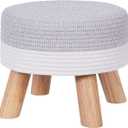 Vanity Stool Chair Hemp Rope Footstool Hand Weave Ottoman with Padded Seat,Small Ottoman Foot Rest with Wooden Legs for Bedroom,Small (Light Gray+Beige) (11 Inches Seat Height)