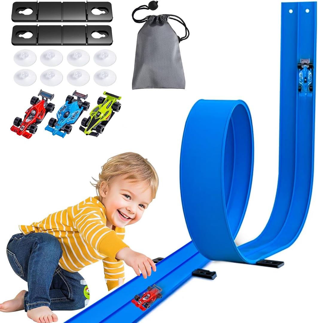 15 Ft Flexible Race Track for Kids 3+, Rolls Up Portable Flex Track, Comes with 3 Small Racing Cars 8 Suction Cups and 2 Fixing Buckles, Compatible with 1/64 Diecast Cars,Indoor & Outdoor Play