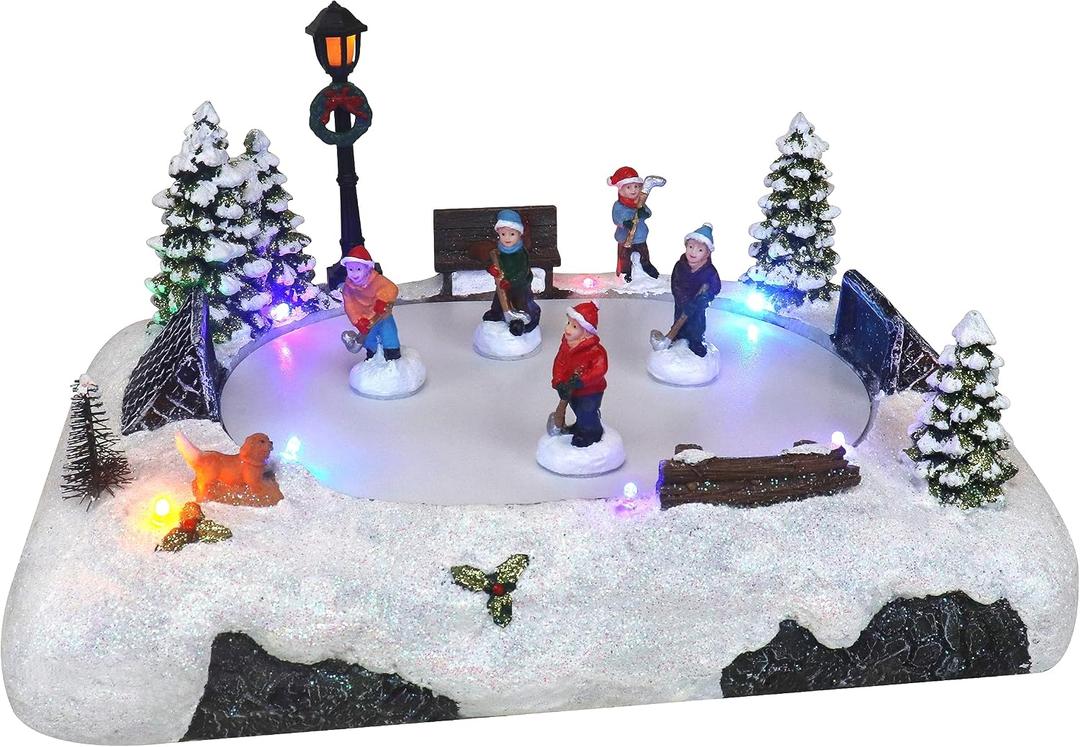 Christmas Village Tabletop Hockey Skating Rink - Animated Musical Pre-lit Winter Snow Village - Perfect Addition to Your Christmas Indoor Home Decorations - Great Centerpiece for Your Collection, 11.02 x 7.87 x 6.10