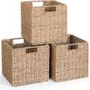 10.5 x 10.5in Cube Seagrass Storage Baskets, Foldable Square Wicker Storage Baskets for Shelves Set of 3, Large Cubby Rattan Basket, Collapsible Cube Storage Bins