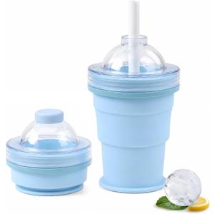 2-in-1 Collapsible Silicone Ice Ball Maker Cup with Straw,Leak-Proof Large Round Ice Cube Mold,Portable Travel Ice Ball Mold Cup Drink Container for Juice,Whiskey,Cocktails & Coffee Outdoor (Blue)