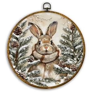 CUANFDDSF Vintage Boho Winter Bunny Round Wall Art Decor, Rustic Cottagecore Rabbit Pinecones Wall Hanging Frame Decor, Farmhouse Winter Bunny Canvas Prints Decorations for Home Bedroom, 10x10 Inch