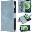 ZZXX for iPhone 12 Mini Wallet Case with Card Slot Premium Soft PU Leather Zipper Flip Folio Wallet with Wrist Strap Kickstand Protective for iPhone 12 Mini Case Wallet(Light Blue 5.4 inch)
