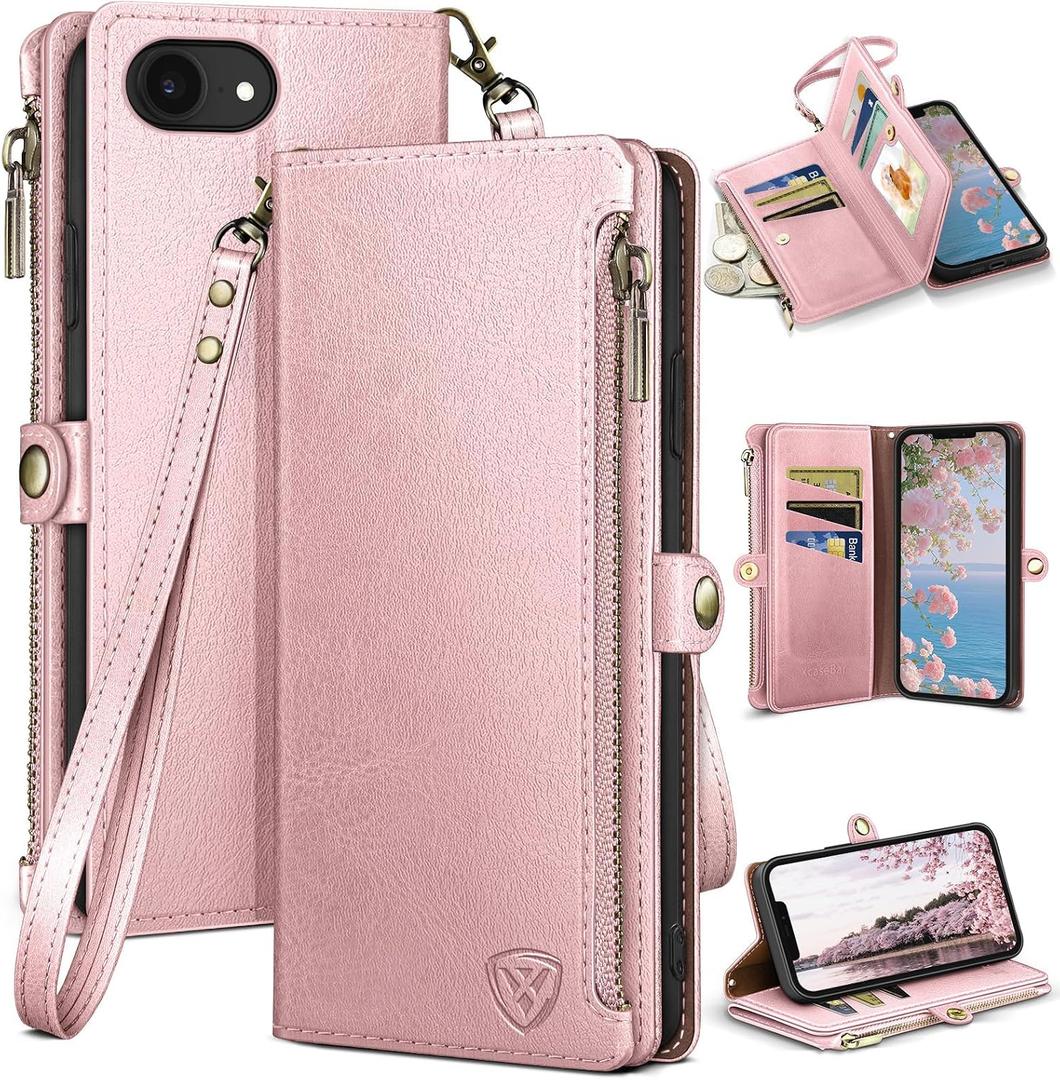 XcaseBar Compatible with iPhone 16e 6.1"/17e 6.1" Wallet case with Zipper Credit Card HolderRFID Blocking,Flip Folio Book Leather Phone case Shockproof Cover Women Men for Apple 16e case Rose Gold