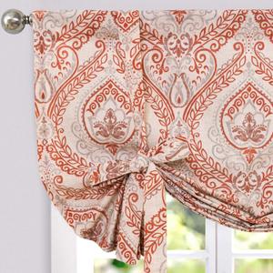 jinchan Faux Linen Tie up Valance for Windows 45 Inch Farmhouse Window Valance for Living Room Bathroom Light Blocking Rod Pocket Country Rustic Small Window Curtains Drapes 1 Panel Ivory (42"W x 45"L (Pack of 1), Damask | Red on Beige)
